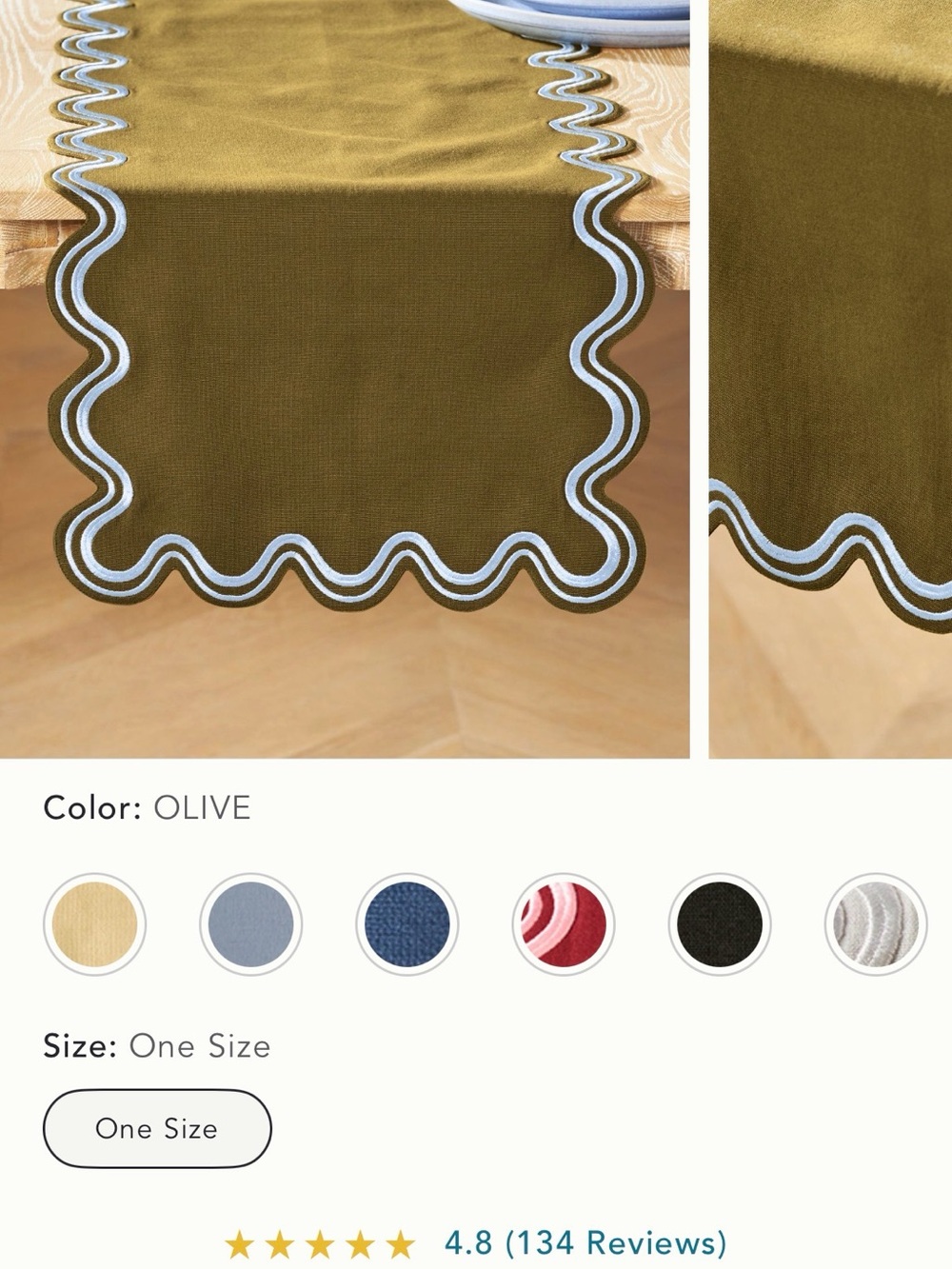 Olive Scalloped Edge Table Runner with White Trim